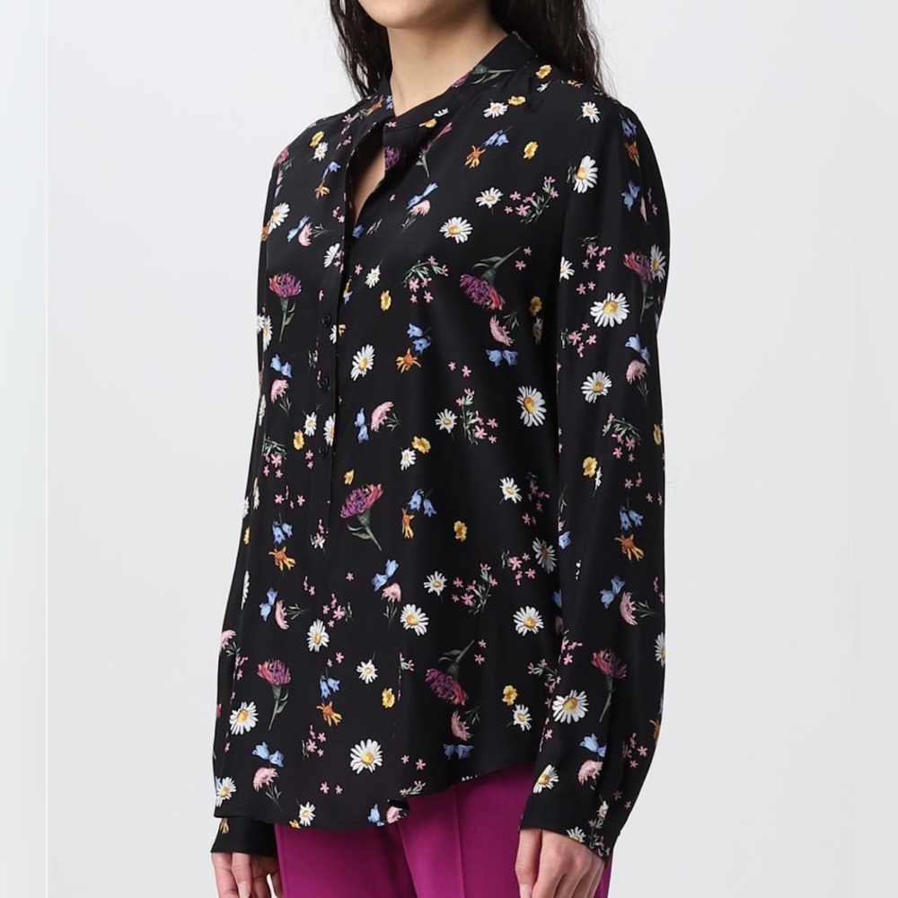 STELLA McCARTNEY Multi Floral On Black 100% Silk Popover Blouse IT 46/US 10